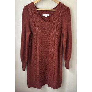 LOFT Sweater Dress Womens S Rust Red Cable Knit V Neck Puff Sleeve